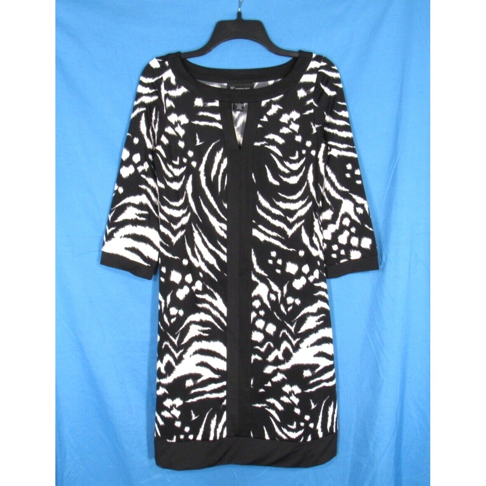 INC INTERNATIONAL CONCEPTS Black/White ZEBRA Stretch Knit V-NECK Shift Dress S